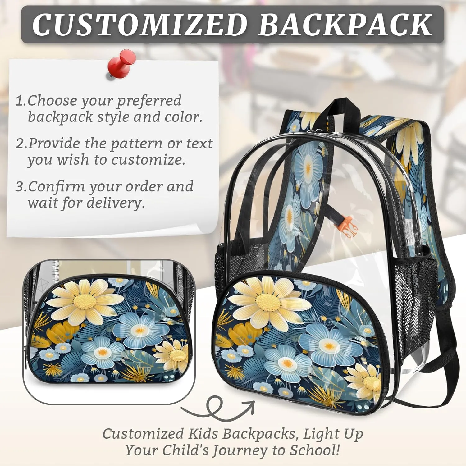 KOBLEN Blue Yellow Floral 14.2 Inch Clear Backpack, Heavy Duty Transparent PVC Daypack with Adjustable Padded Straps, Large Capacity Clear Bag for Festival, Concerts, Travel