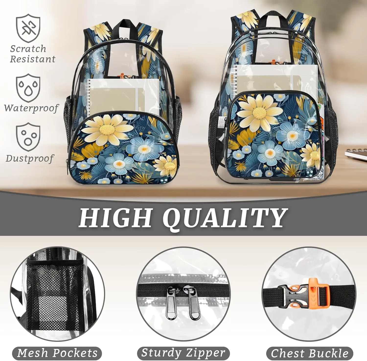 KOBLEN Blue Yellow Floral 14.2 Inch Clear Backpack, Heavy Duty Transparent PVC Daypack with Adjustable Padded Straps, Large Capacity Clear Bag for Festival, Concerts, Travel