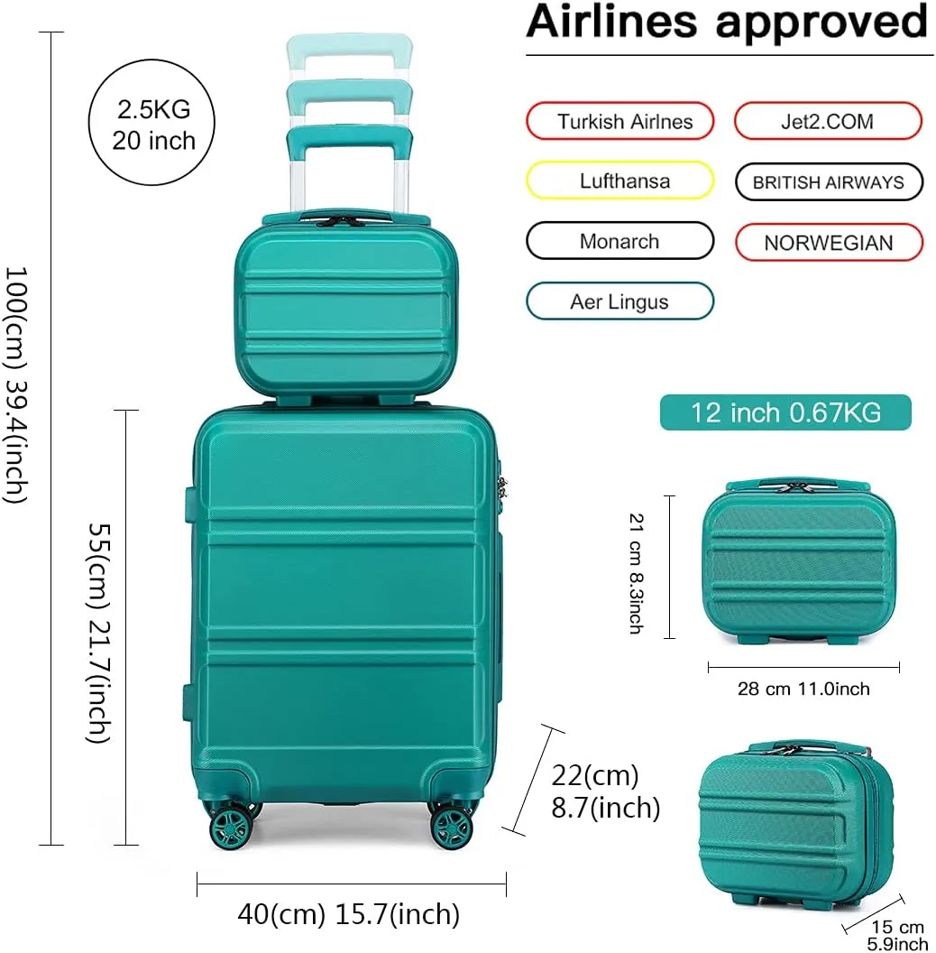 Kono Carry On Luggage Set Lightweight Airline Approved Carry On Suitcase with TSA Lock Spinner Wheels Durable Luggage Hardside Turquoise