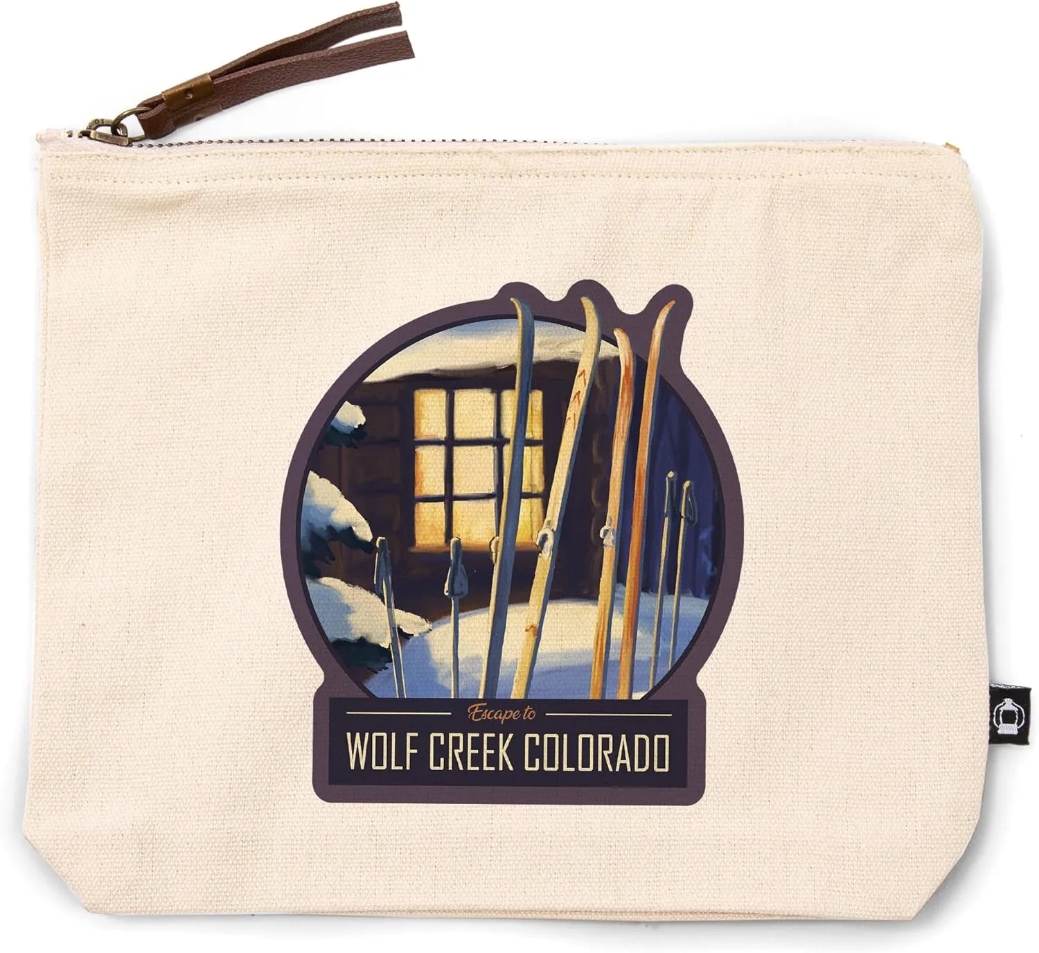 Lantern Press Wolf Creek, Colorado, Skis Outside Cabin, 100% Cotton Zipper Pouch, Travel Accessory, Go Bag
