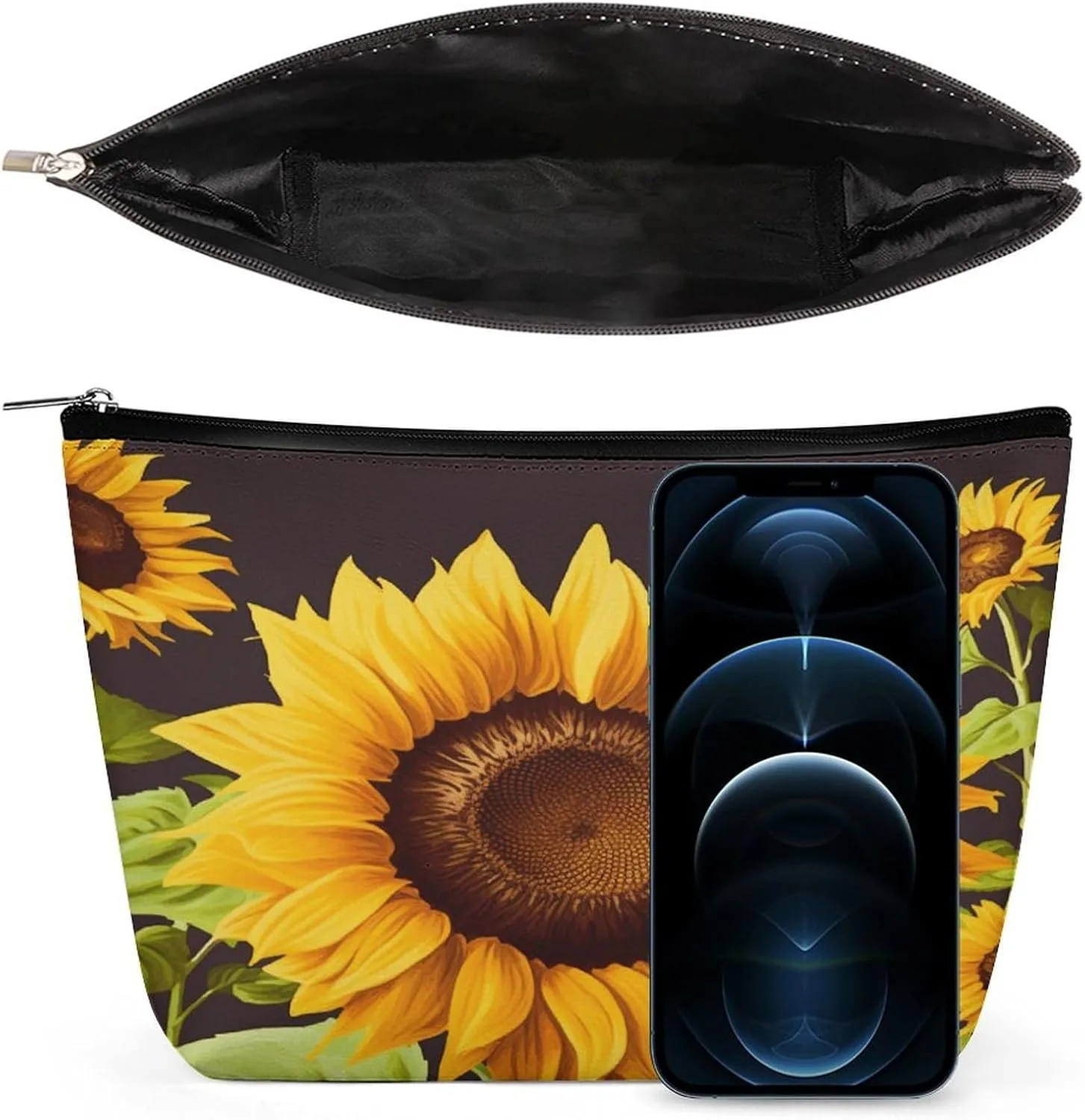 Large Capacity Makeup Bags for Women Portable Leather with Zipper Travelling Makeup Bag Beautiful Sunflower Printed
