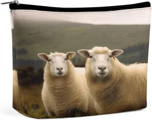 Large Capacity Makeup Bags for Women Portable Leather with Zipper Travelling Makeup Bag Two White Sheep Printed