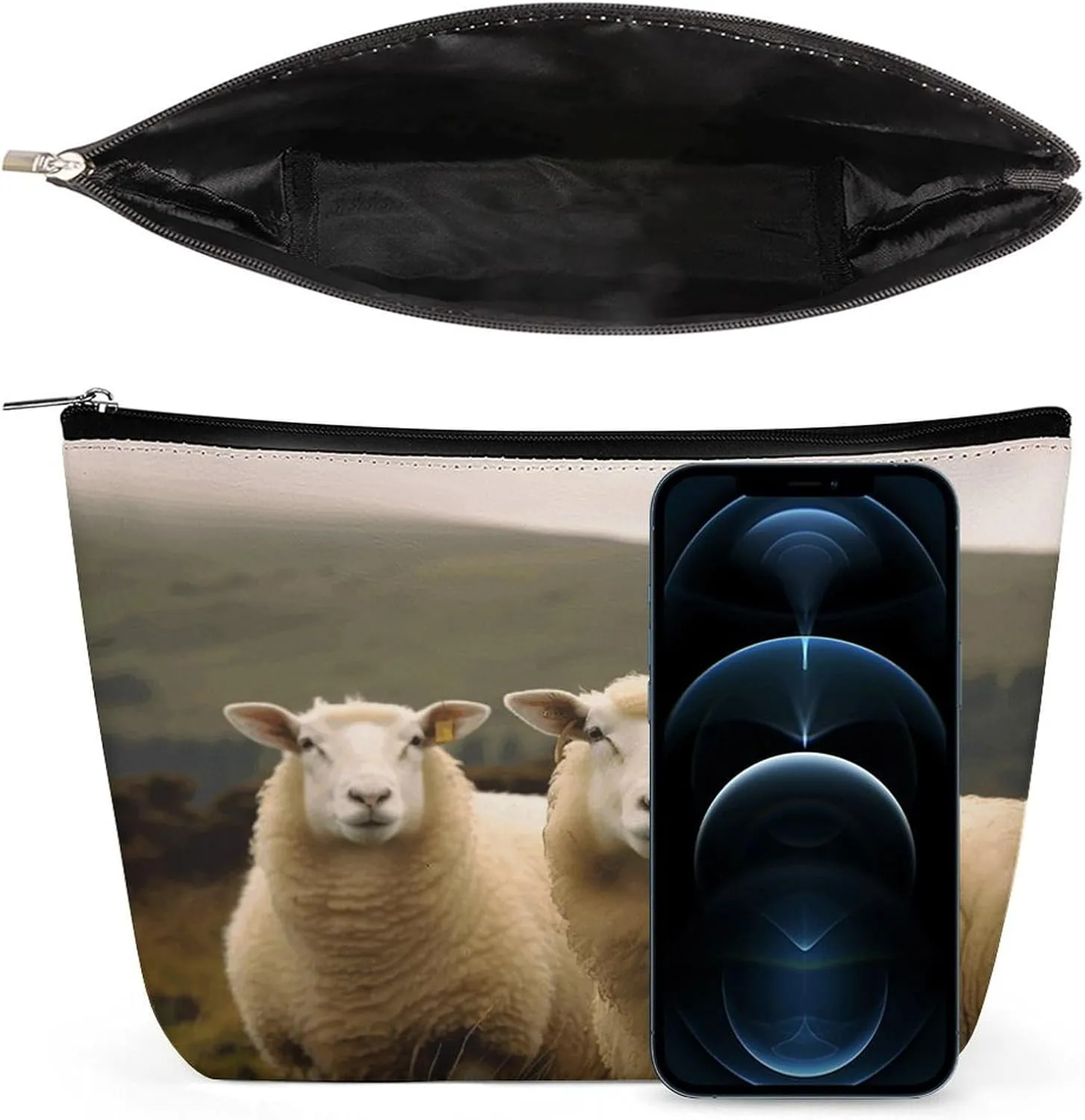 Large Capacity Makeup Bags for Women Portable Leather with Zipper Travelling Makeup Bag Two White Sheep Printed