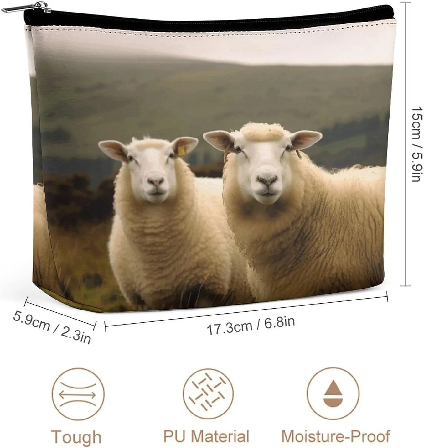 Large Capacity Makeup Bags for Women Portable Leather with Zipper Travelling Makeup Bag Two White Sheep Printed