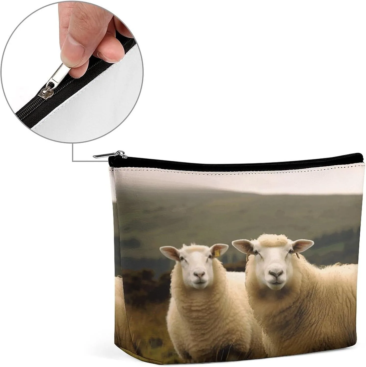 Large Capacity Makeup Bags for Women Portable Leather with Zipper Travelling Makeup Bag Two White Sheep Printed
