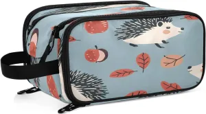 Large Capacity Travel Cosmetic Bag for Women Hedgehog and Leaves Travel Portable Cosmetic Pouch With Handle and Divider Flat Lay Bag Organizer Toiletry Bag Makeup Box for Skincare Cosmetics