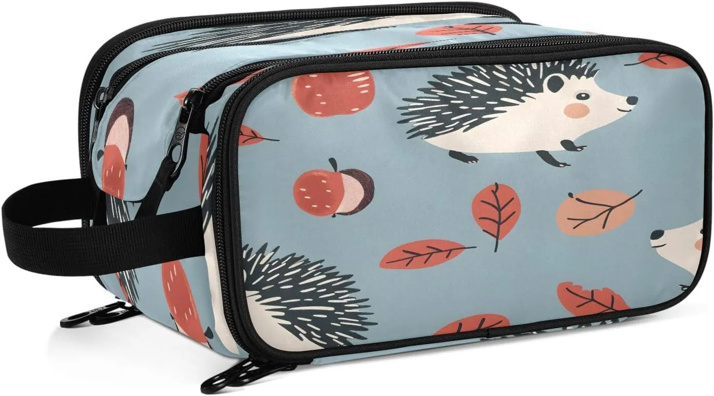 Large Capacity Travel Cosmetic Bag for Women Hedgehog and Leaves Travel Portable Cosmetic Pouch With Handle and Divider Flat Lay Bag Organizer Toiletry Bag Makeup Box for Skincare Cosmetics