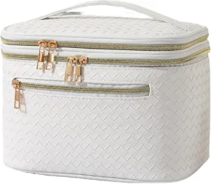 Large Makeup Bag for Women Double Layer Cosmetic Bag with Jewelry Organizer Compartment Waterproof Travel Toiletry Bag (A/White)