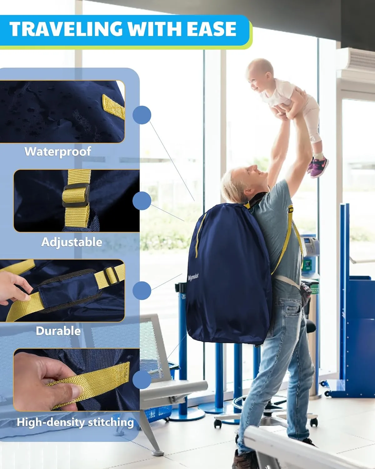 Large Stroller Bag for Airplane, Waterproof Stroller Travel Bag, Gate Check Stroller Bag for Single/Double Stroller Travel Bag with Handle and Drawstring Closure Stroller Cover (Blue)