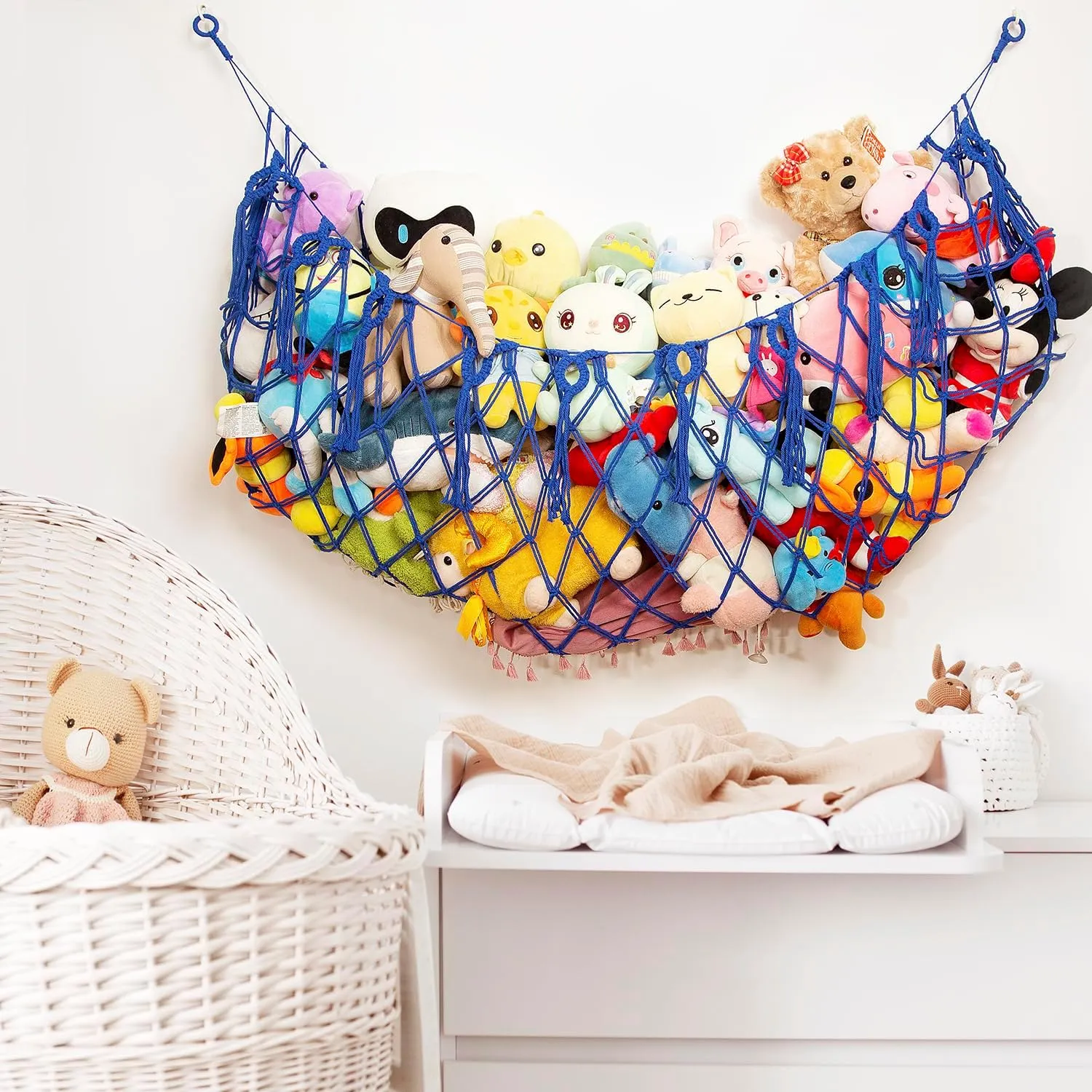 Large Stuffed Animal Storage Net or Hammock for Wall Mounted Macrame Stuffed Animal Display For Boho Nursery Baby Boy Playroom Toy Organizers Pet Net-Blue