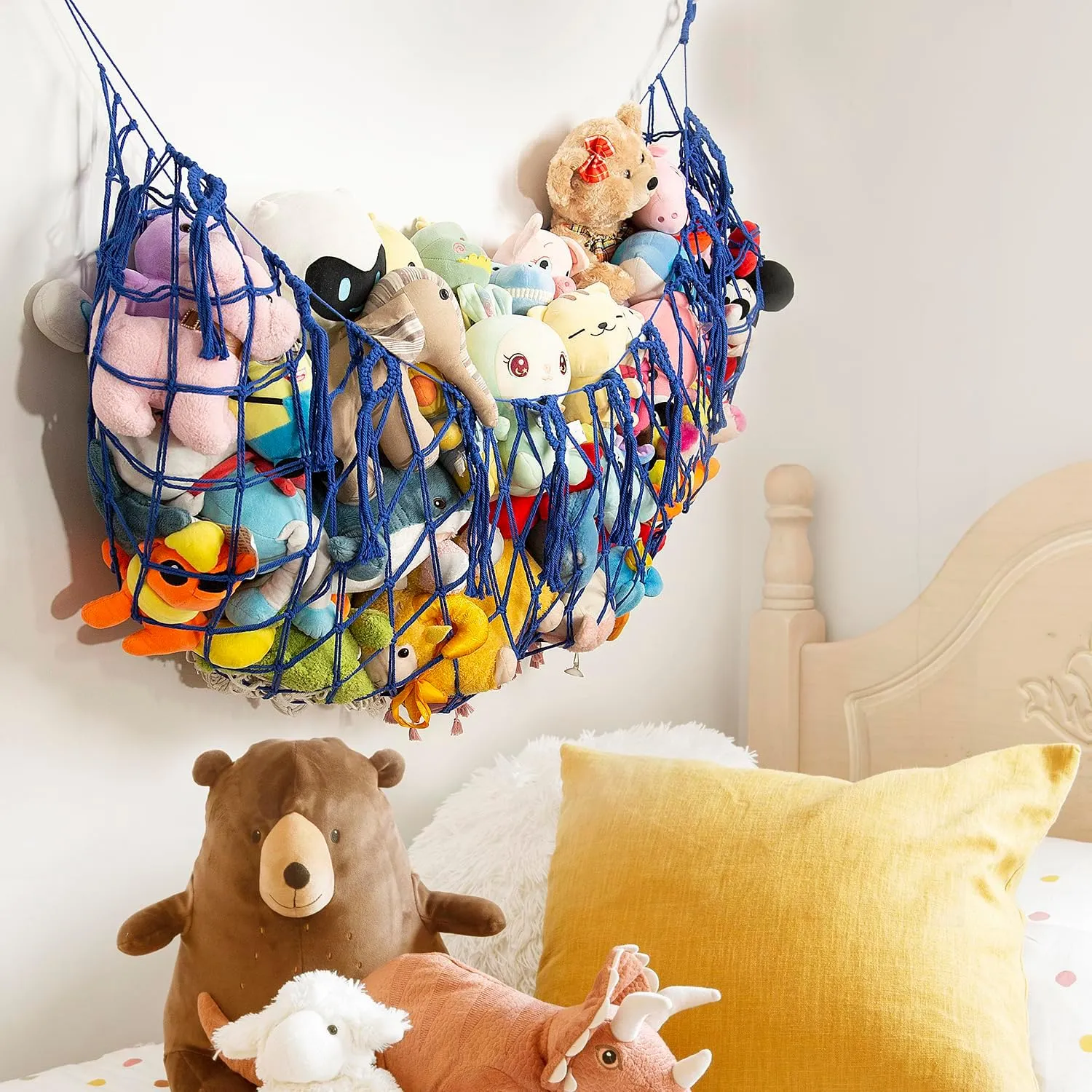 Large Stuffed Animal Storage Net or Hammock for Wall Mounted Macrame Stuffed Animal Display For Boho Nursery Baby Boy Playroom Toy Organizers Pet Net-Blue