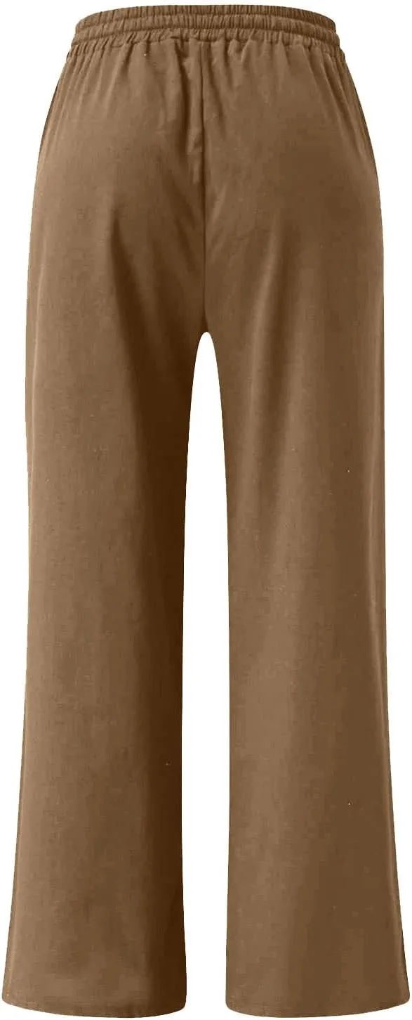 Lastesso Linen Pants Women Plus Size Elastic Waistband Straight Palazzo Flowy Trousers Comfy Summer Cotton Hawaiian Outfits