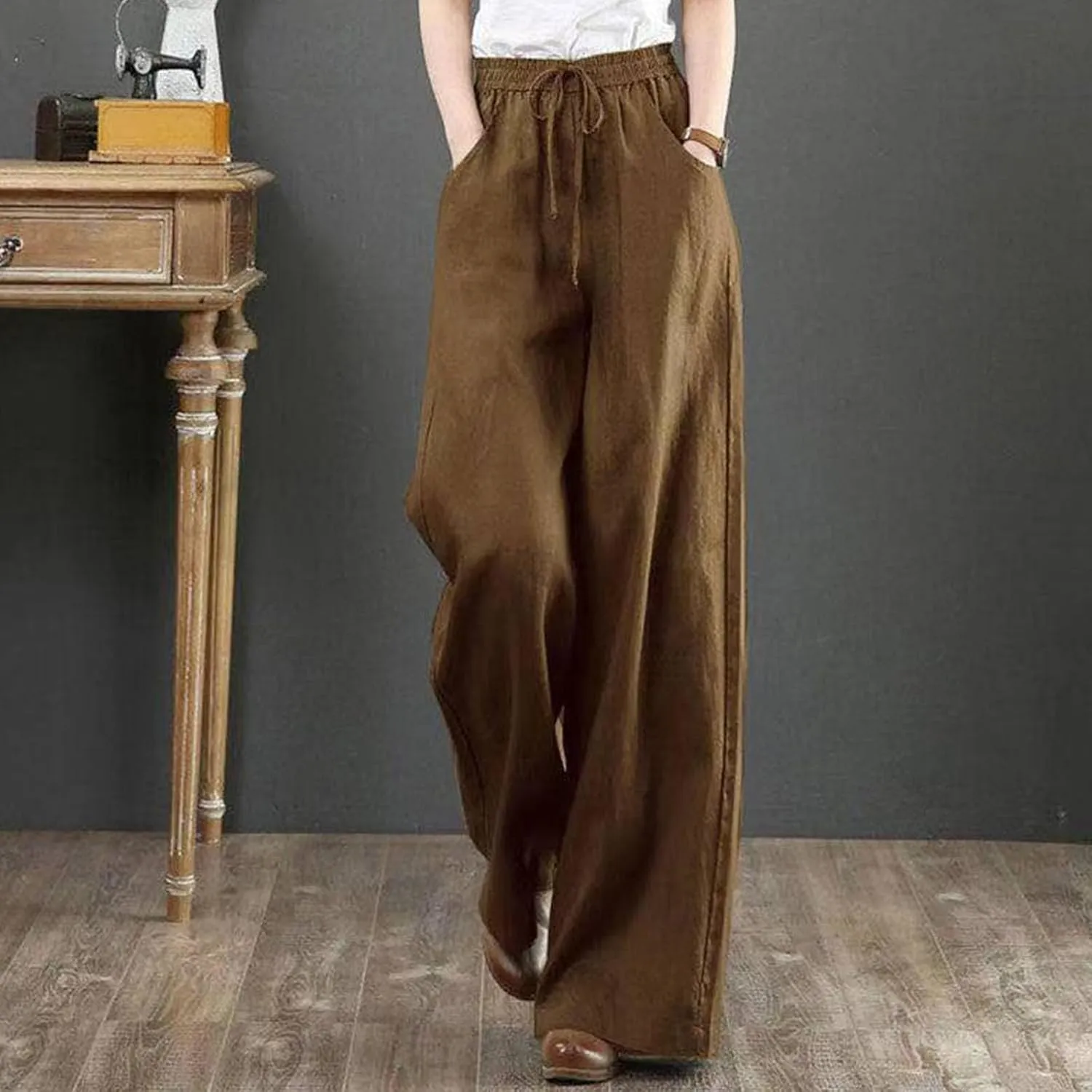 Lastesso Linen Pants Women Plus Size Elastic Waistband Straight Palazzo Flowy Trousers Comfy Summer Cotton Hawaiian Outfits