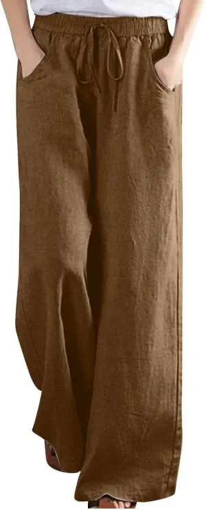 Lastesso Linen Pants Women Plus Size Elastic Waistband Straight Palazzo Flowy Trousers Comfy Summer Cotton Hawaiian Outfits