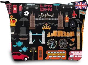 LEVLO London Travel Gift British Theme Cosmetic Bag England Souvenir Gift United Kingdom Make Up Zipper Pouch Bag (London Black)