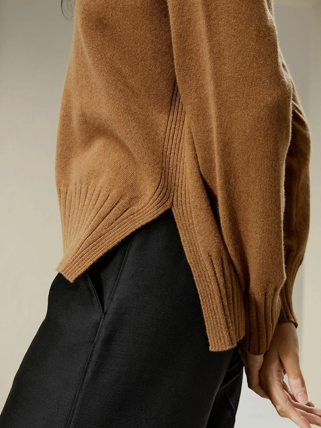 LilySilk Womens Sweater Drop-Shoulder 100% Cashmere Oversized Slit Pullover with Ribbed Cuffs Hem Crewneck Fall Winter