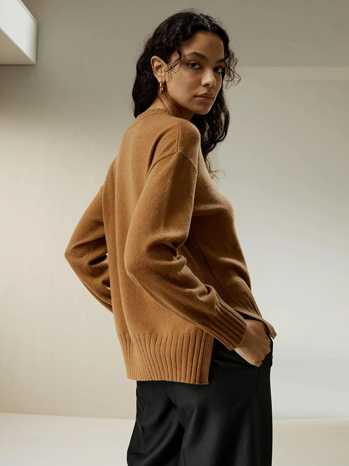 LilySilk Womens Sweater Drop-Shoulder 100% Cashmere Oversized Slit Pullover with Ribbed Cuffs Hem Crewneck Fall Winter
