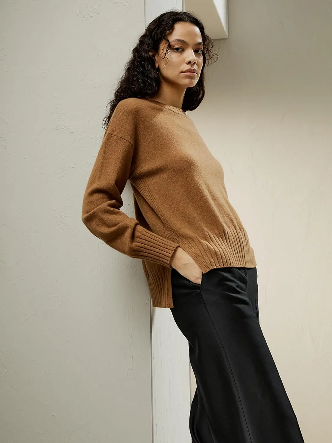 LilySilk Womens Sweater Drop-Shoulder 100% Cashmere Oversized Slit Pullover with Ribbed Cuffs Hem Crewneck Fall Winter