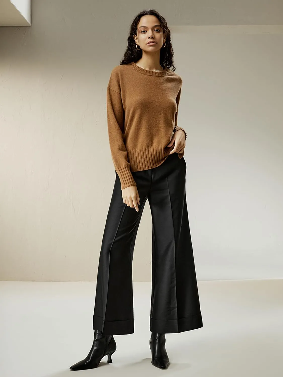 LilySilk Womens Sweater Drop-Shoulder 100% Cashmere Oversized Slit Pullover with Ribbed Cuffs Hem Crewneck Fall Winter