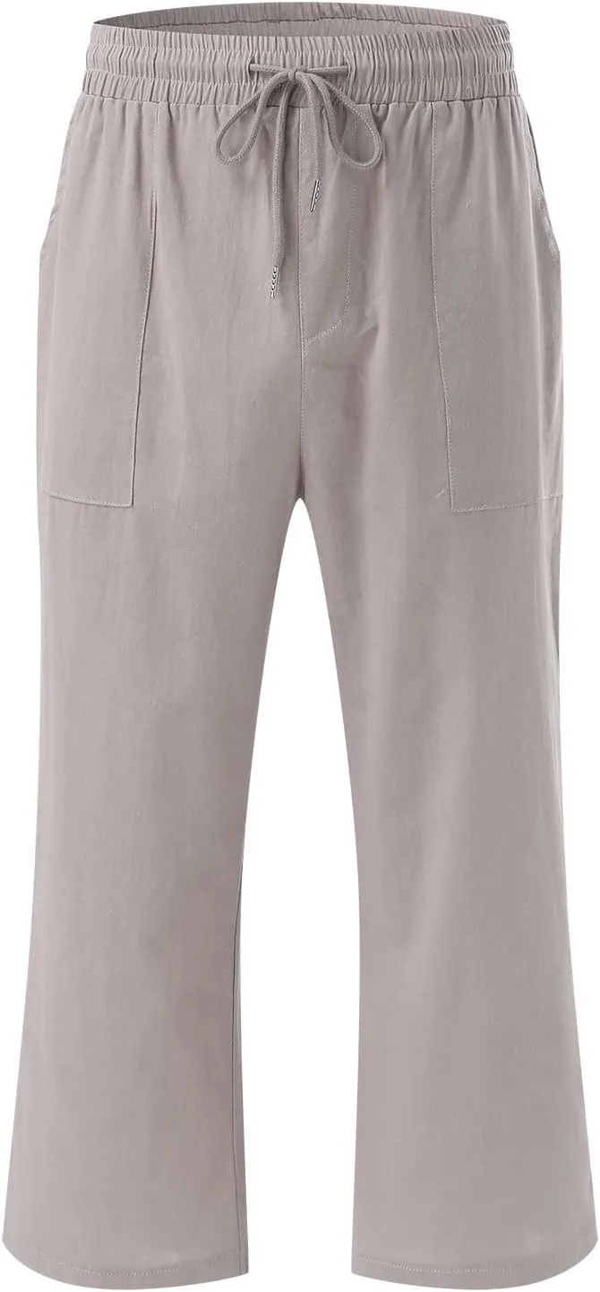 Linen Capri Pants for Women 2025 Summer Cropped Palazzo Pant Drawstring Elastic Waist Trousers Wide Leg Cotton Pants