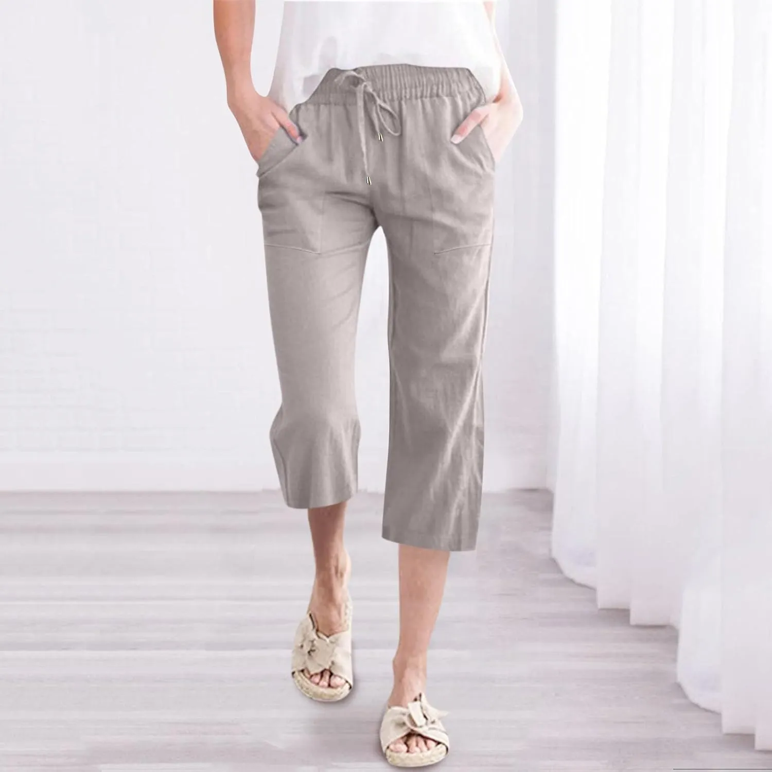 Linen Capri Pants for Women 2025 Summer Cropped Palazzo Pant Drawstring Elastic Waist Trousers Wide Leg Cotton Pants