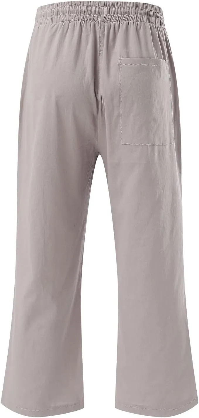 Linen Capri Pants for Women 2025 Summer Cropped Palazzo Pant Drawstring Elastic Waist Trousers Wide Leg Cotton Pants