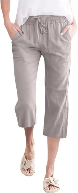 Linen Capri Pants for Women 2025 Summer Cropped Palazzo Pant Drawstring Elastic Waist Trousers Wide Leg Cotton Pants
