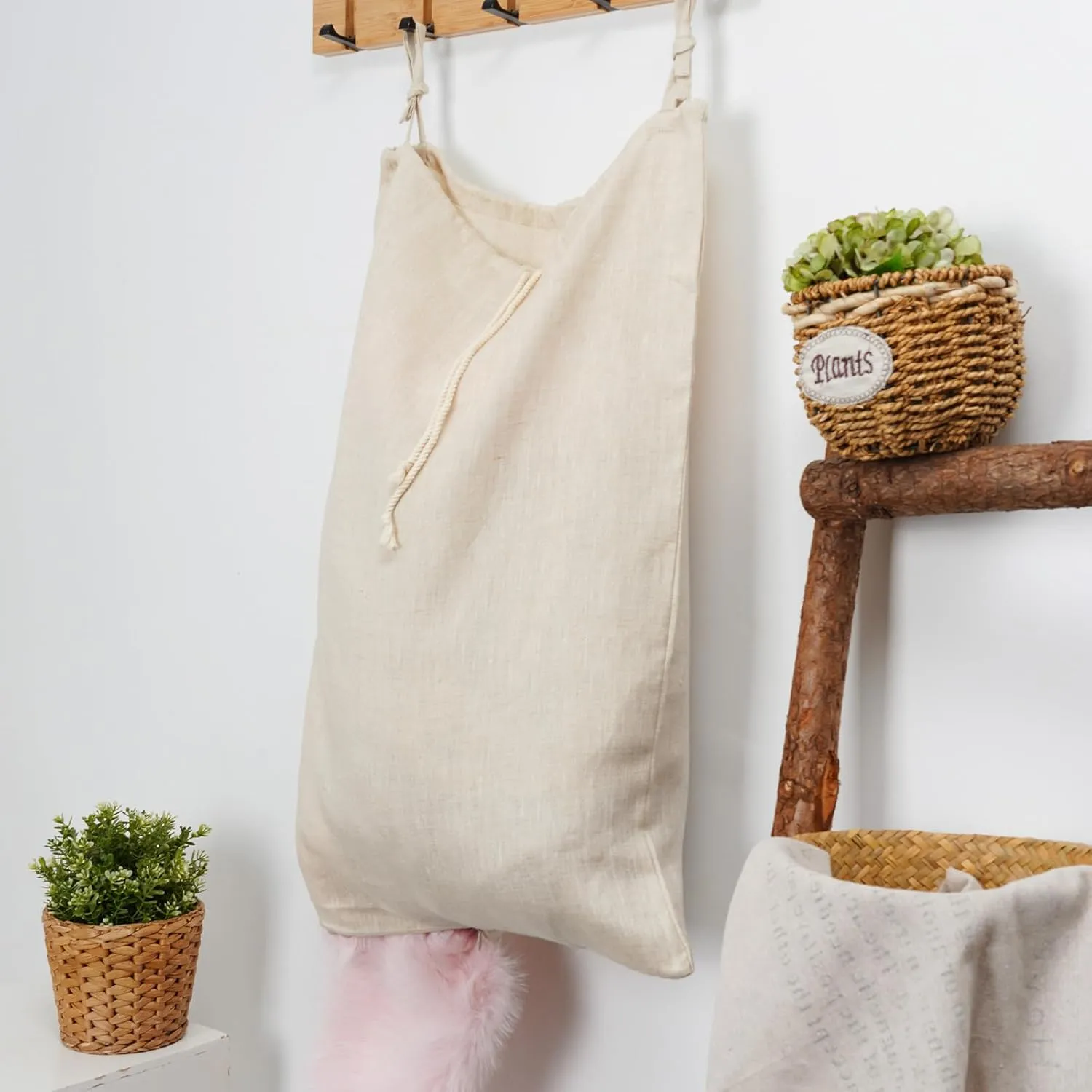 Linen Hanging Laundry Bag, Over The Door Laundry Hamper for Dirty Clothes, Drawstring Closure with Bottom Zipper, Linen