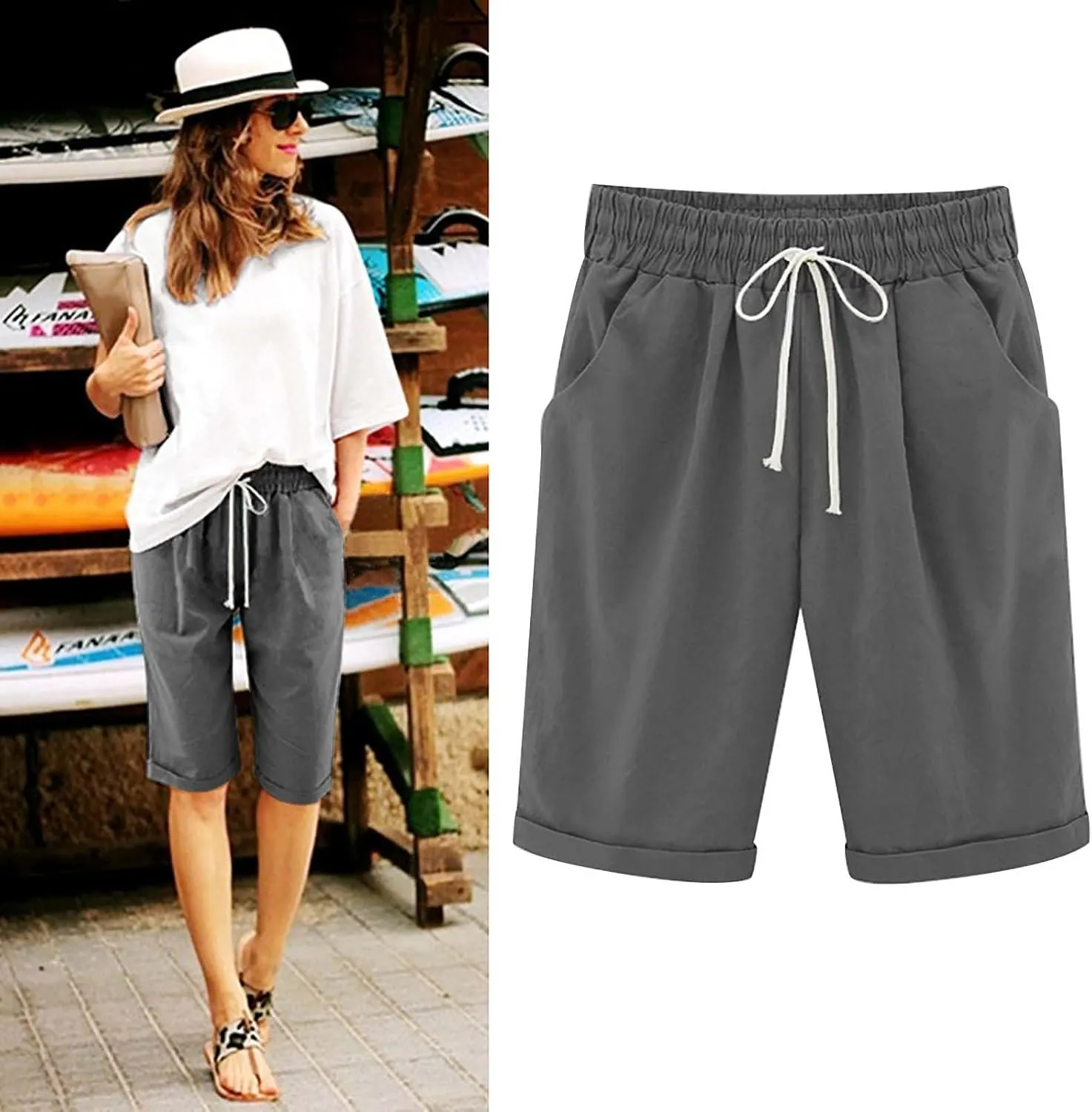Linen Shorts for Women Plus Size Casual Drawstring Elastic Wide Leg Short Pants Summer Beach Outfits with Pockets