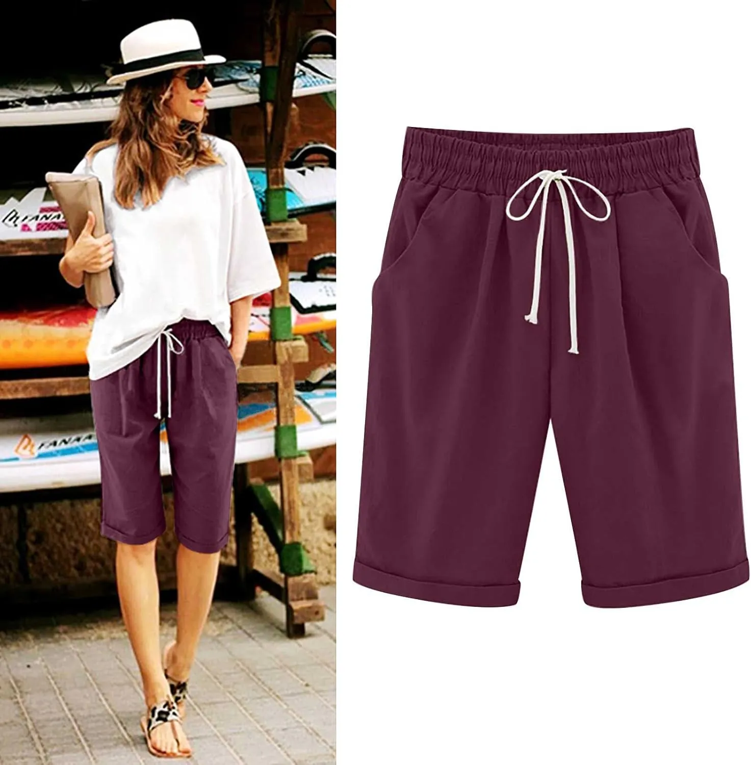 Linen Shorts for Women Plus Size Casual Drawstring Elastic Wide Leg Short Pants Summer Beach Outfits with Pockets