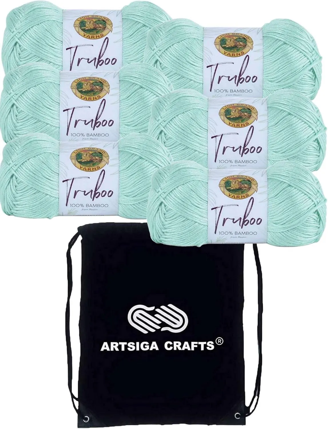 Lion Brand Truboo Mint 837-156 (6-Skeins - Same Dye Lot) DK Light Worsted #3 Rayon Yarn for Crocheting and Knitting with Project Bag