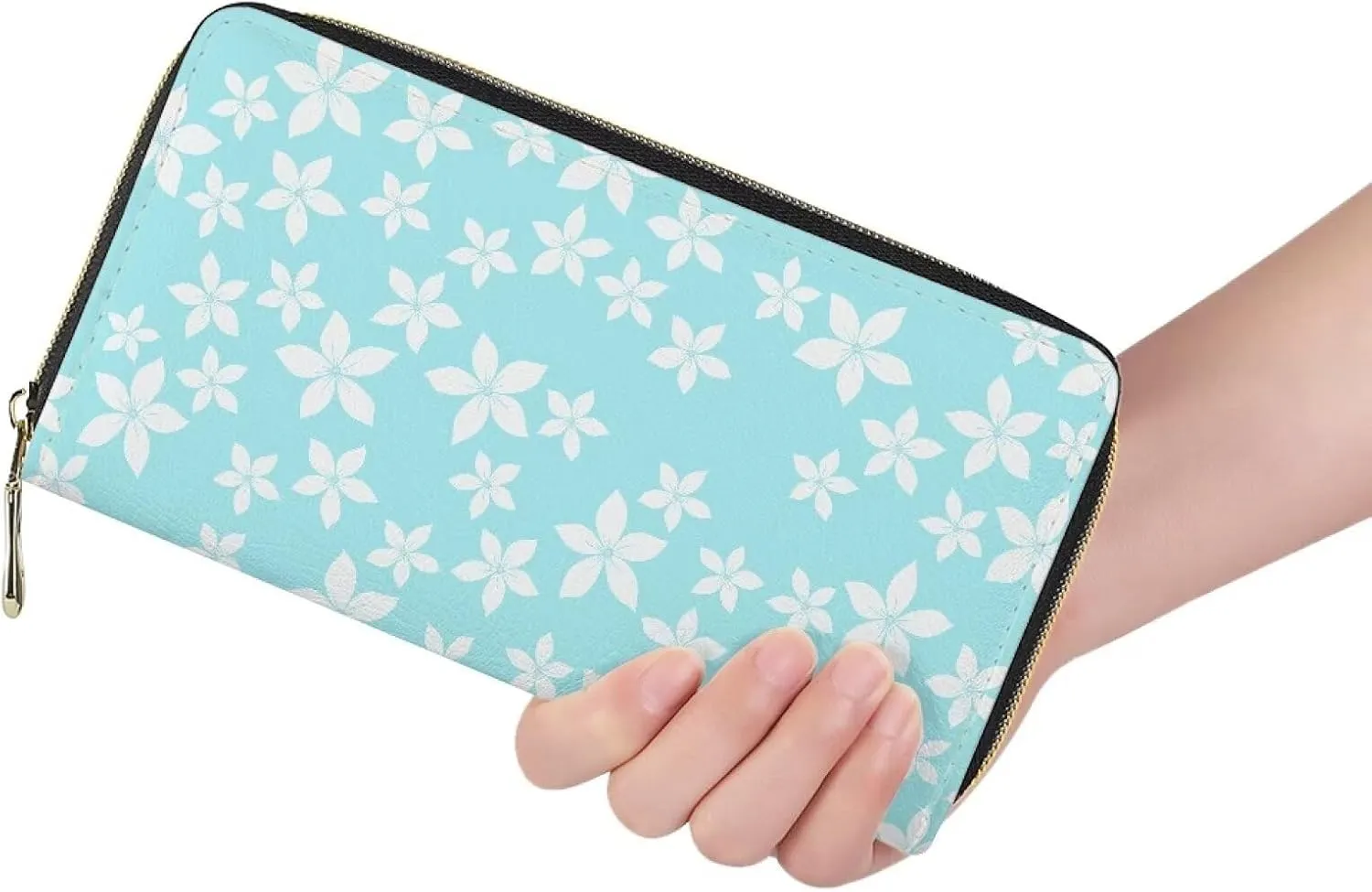 Long Wallet for Women with Large Capacity Zipper Credit Card Holder Travel Clutch Organizer Floral Print Plumeria Blue