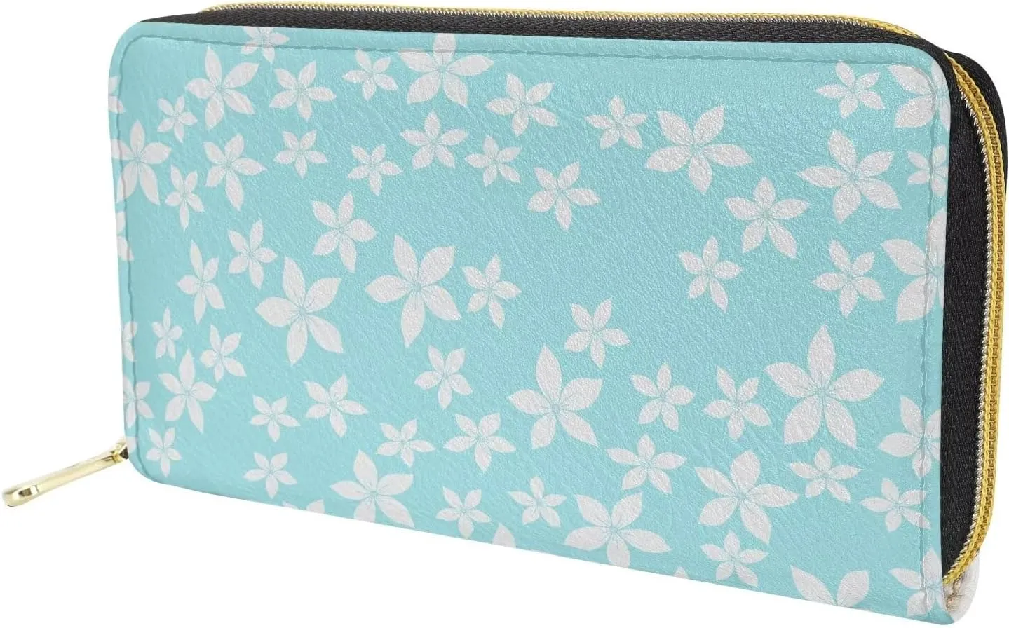 Long Wallet for Women with Large Capacity Zipper Credit Card Holder Travel Clutch Organizer Floral Print Plumeria Blue