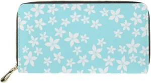 Long Wallet for Women with Large Capacity Zipper Credit Card Holder Travel Clutch Organizer Floral Print Plumeria Blue