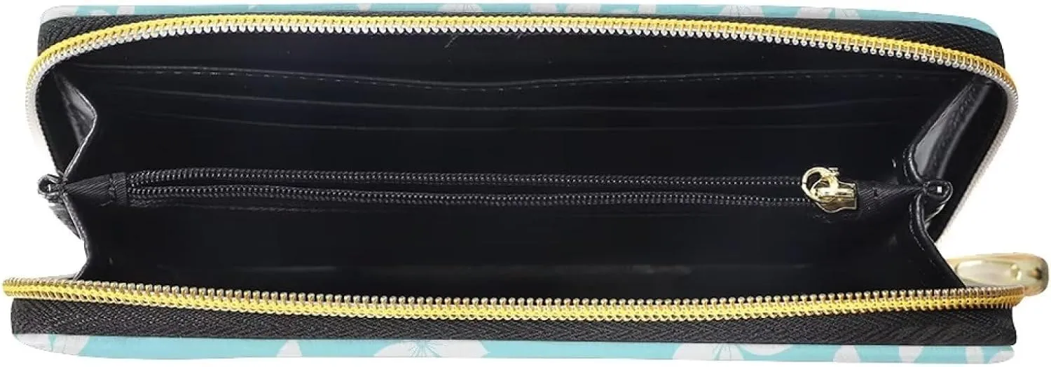 Long Wallet for Women with Large Capacity Zipper Credit Card Holder Travel Clutch Organizer Floral Print Plumeria Blue