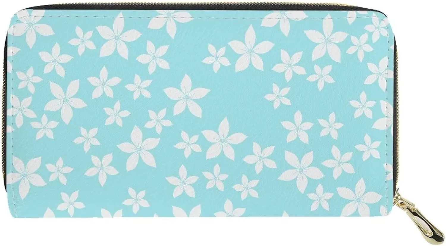 Long Wallet for Women with Large Capacity Zipper Credit Card Holder Travel Clutch Organizer Floral Print Plumeria Blue