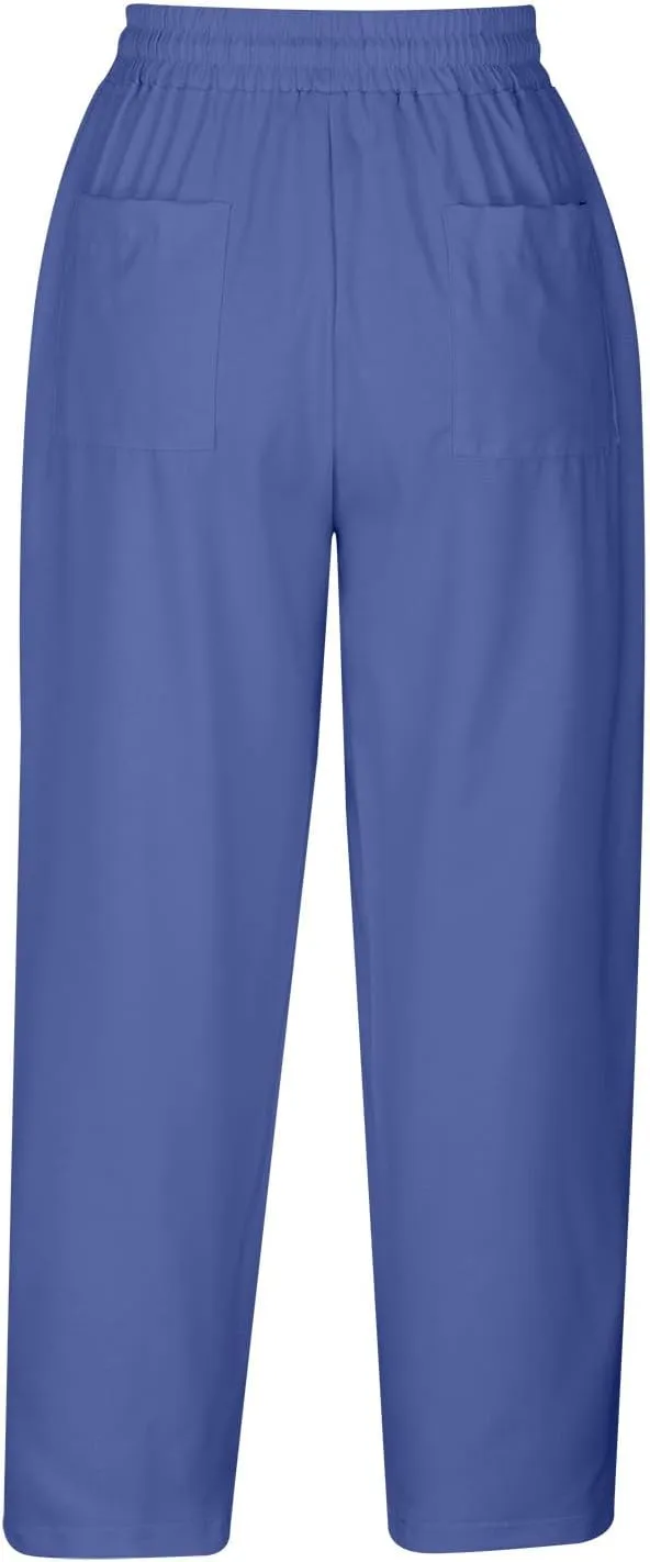 Loose Casual Harlan Pants for Women Drawstring Waist Wide Leg Lounge Pant Summer Casual Cropped Trousers with Pockets