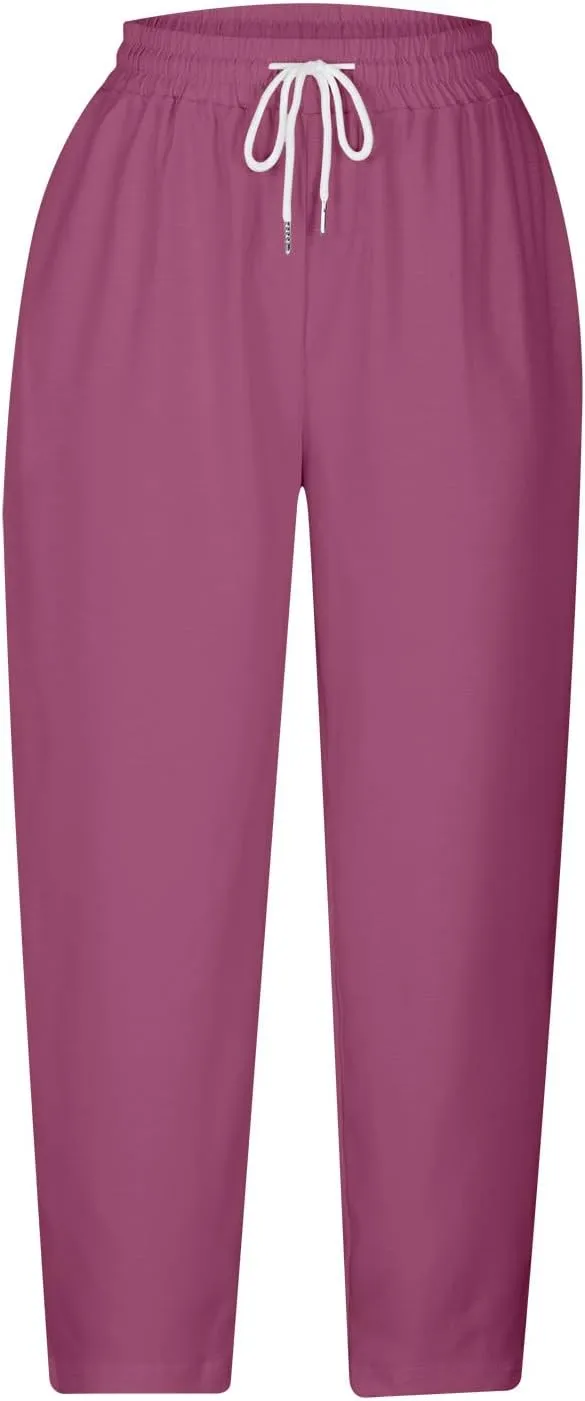 Loose Casual Harlan Pants for Women Drawstring Waist Wide Leg Lounge Pant Summer Casual Cropped Trousers with Pockets