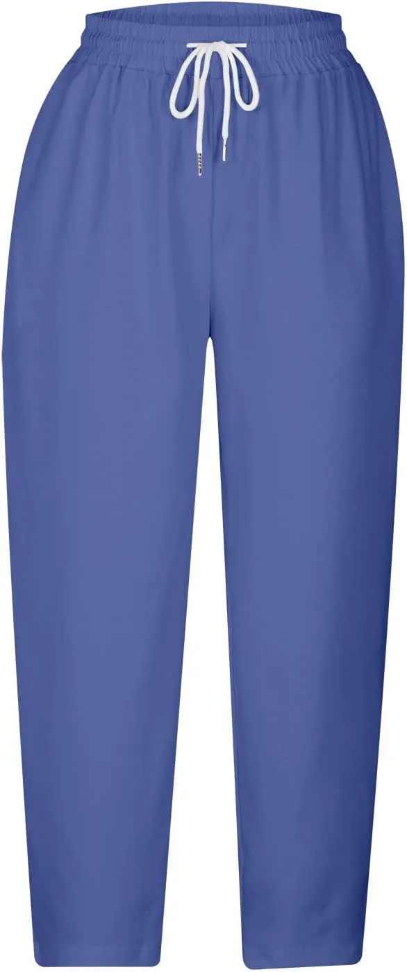 Loose Casual Harlan Pants for Women Drawstring Waist Wide Leg Lounge Pant Summer Casual Cropped Trousers with Pockets