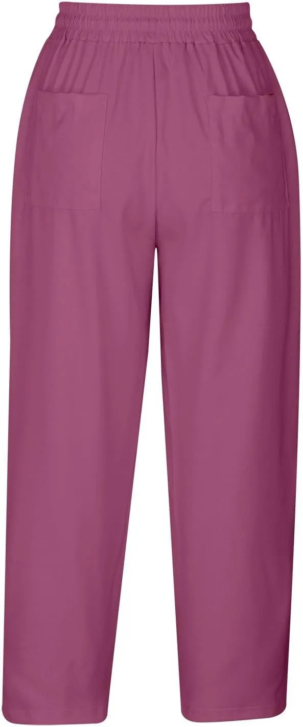 Loose Casual Harlan Pants for Women Drawstring Waist Wide Leg Lounge Pant Summer Casual Cropped Trousers with Pockets