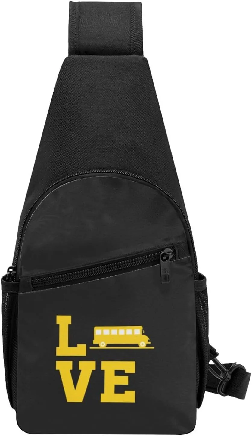 Love School Bus Unisex Chest Bag Lightweight Crossbody Shoulder Bag Travel Pocket Black