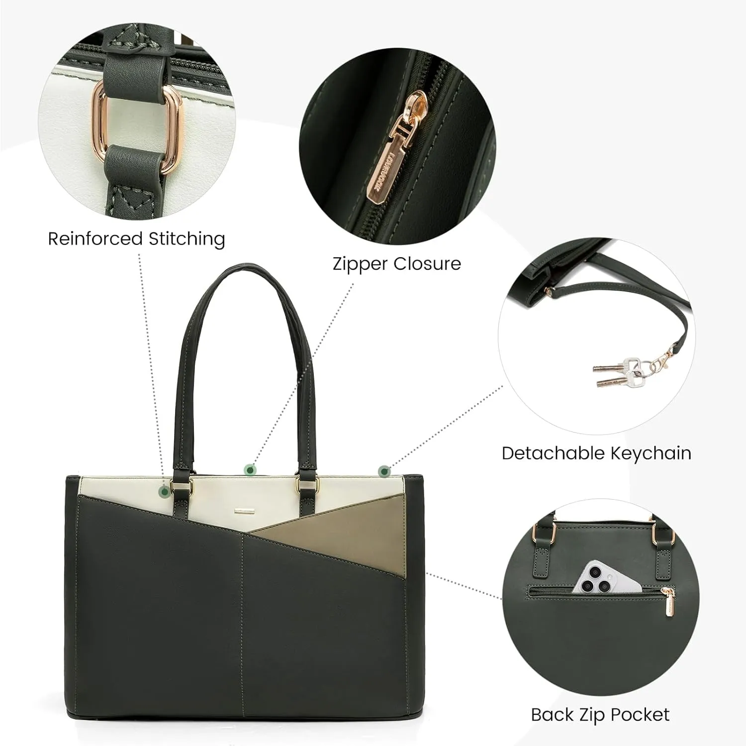 LOVEVOOK Laptop Bag for Women, 15.6 inch Laptop Tote Work Teacher Bags Cancas Computer Shoulder Bag,Dark Green/Olive green/Off white