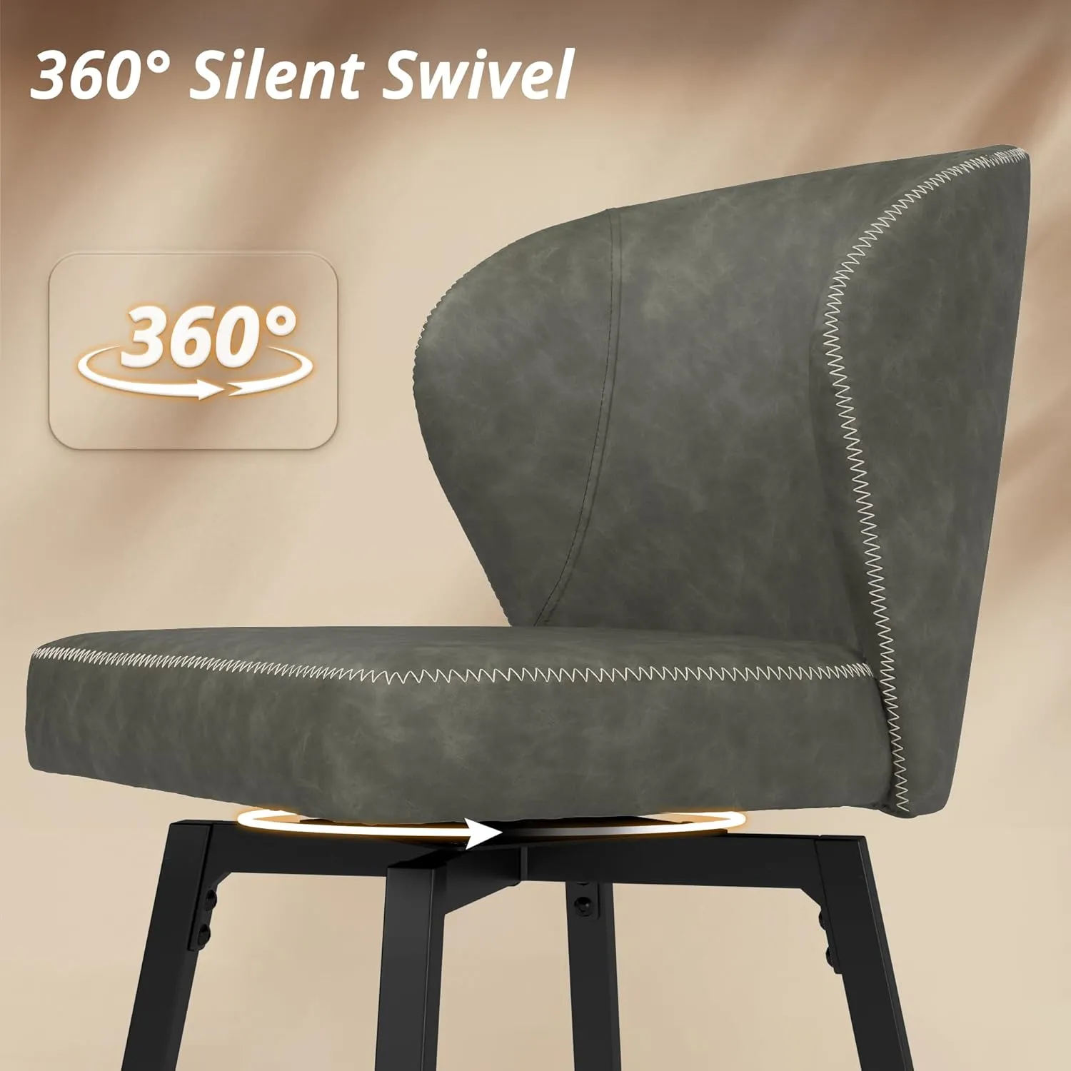 LUE BONA 26 Inch Swivel Bar Stools Set of 4, Counter Height Bar Stools with Back, Upholstered Counter Stools, Faux Leather with Stitching, Metal Legs, Easy Assembly, Dark Gray
