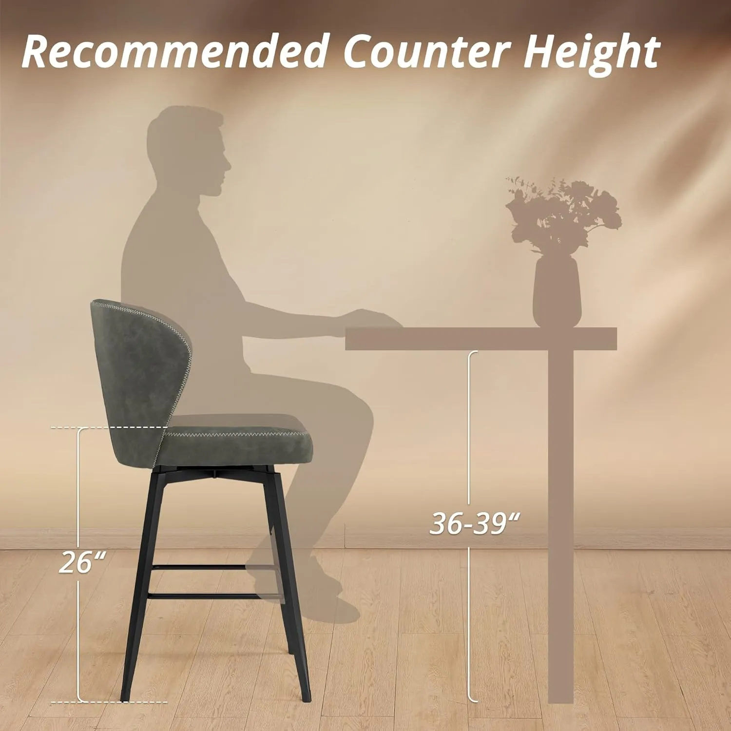 LUE BONA 26 Inch Swivel Bar Stools Set of 4, Counter Height Bar Stools with Back, Upholstered Counter Stools, Faux Leather with Stitching, Metal Legs, Easy Assembly, Dark Gray
