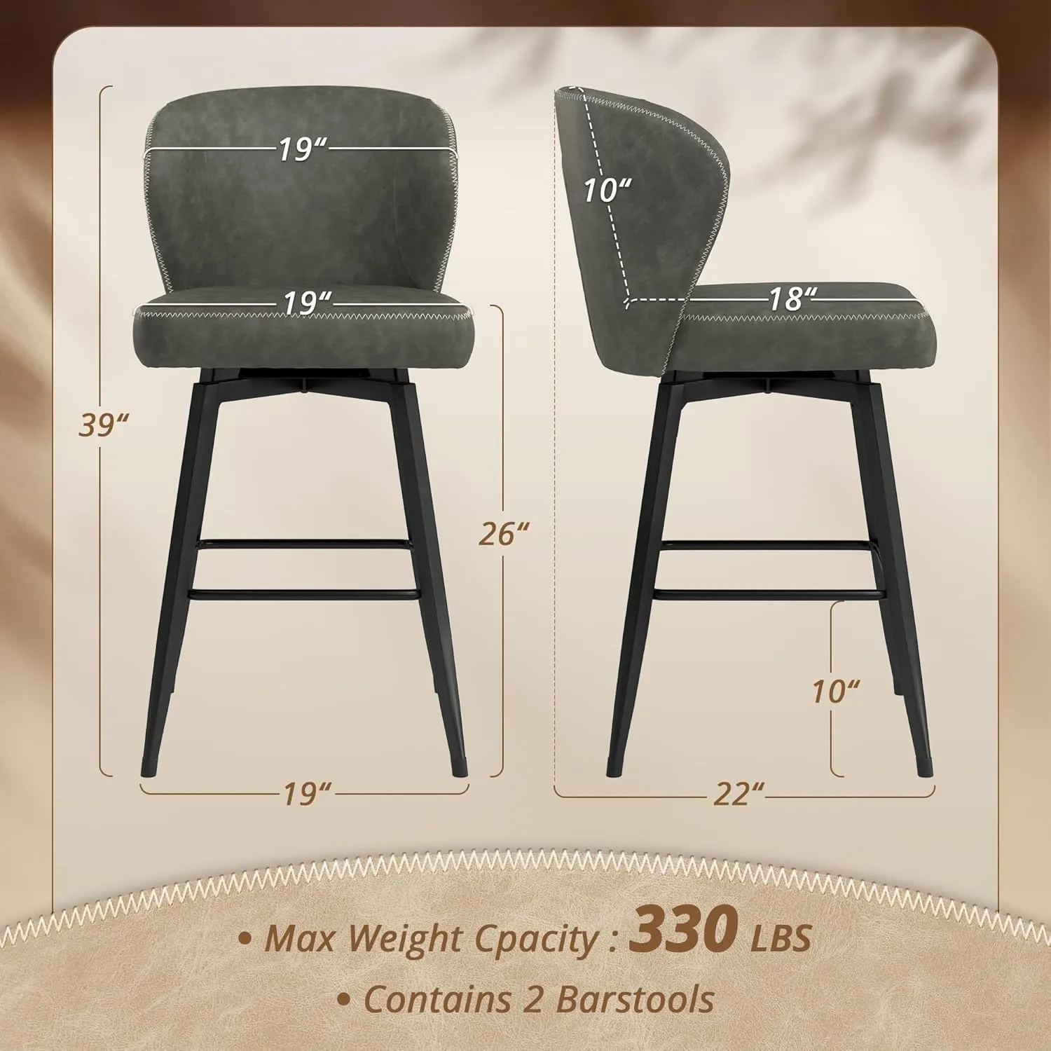 LUE BONA 26 Inch Swivel Bar Stools Set of 4, Counter Height Bar Stools with Back, Upholstered Counter Stools, Faux Leather with Stitching, Metal Legs, Easy Assembly, Dark Gray