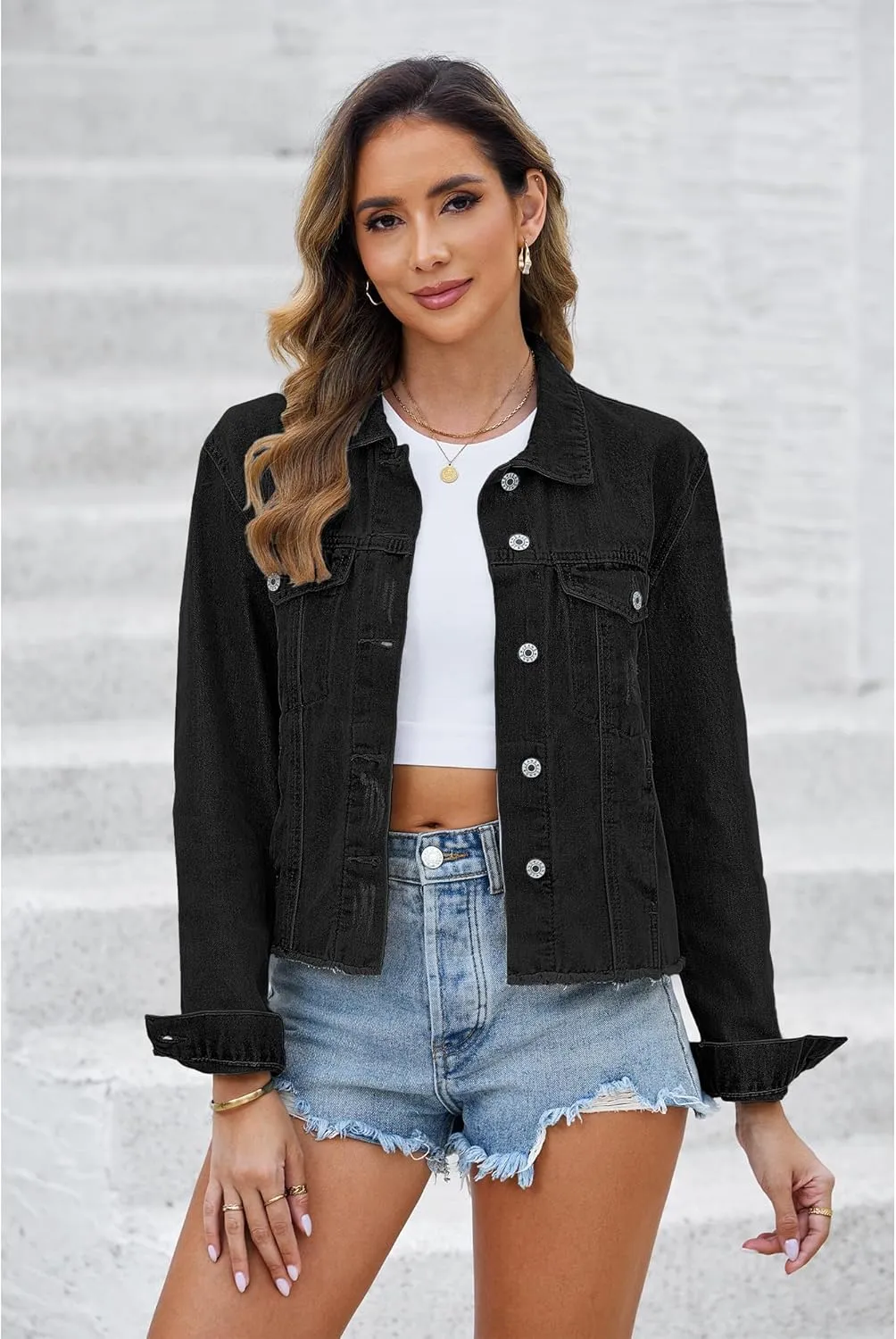 luvamia Denim Jacket for Women Distressed Jean Jackets Button Up Vintage Western Trucker Jacket Frayed Hem Pockets