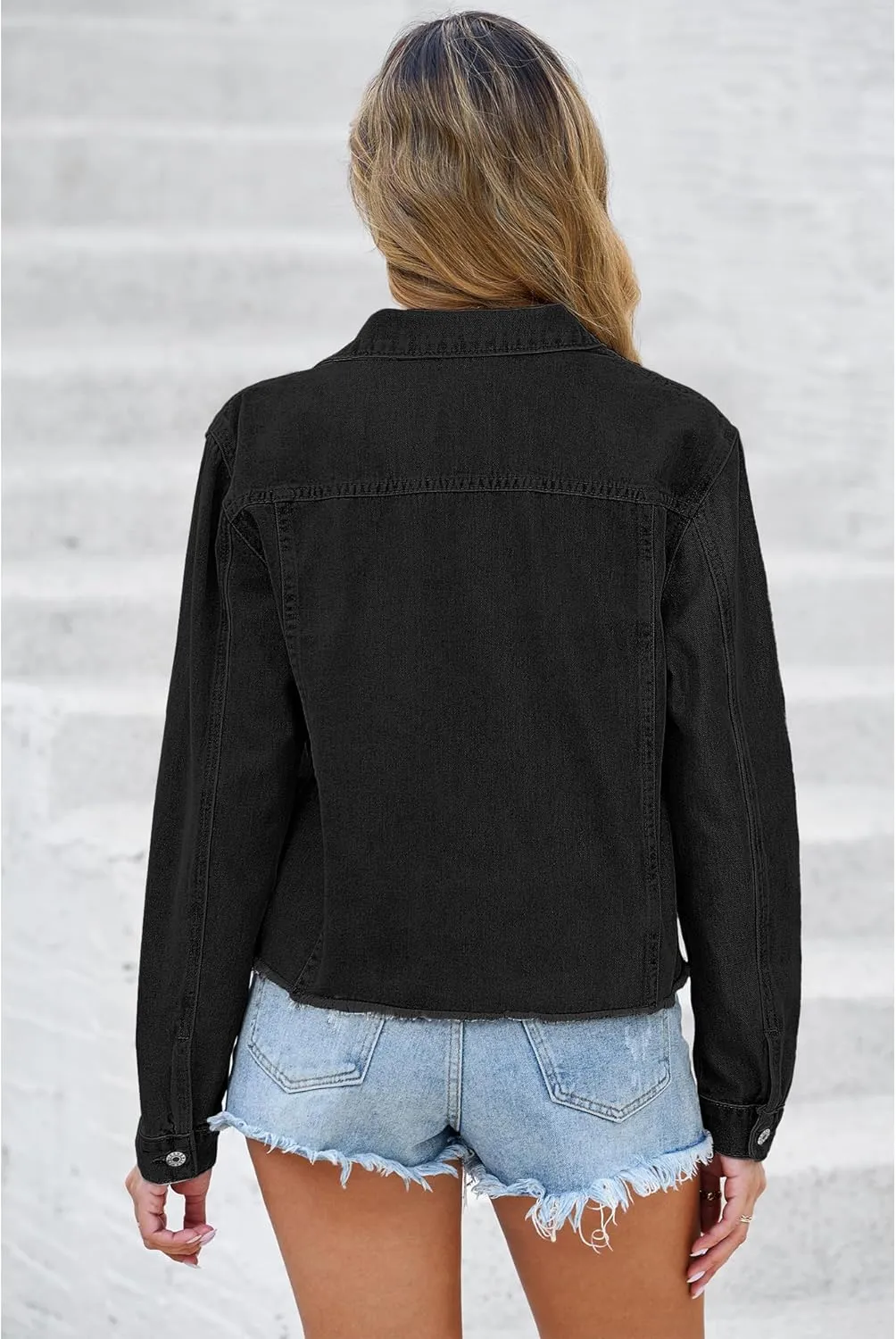 luvamia Denim Jacket for Women Distressed Jean Jackets Button Up Vintage Western Trucker Jacket Frayed Hem Pockets