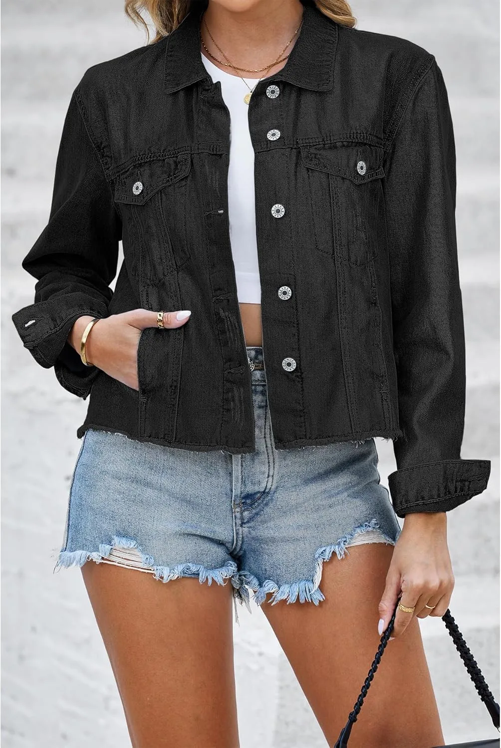 luvamia Denim Jacket for Women Distressed Jean Jackets Button Up Vintage Western Trucker Jacket Frayed Hem Pockets
