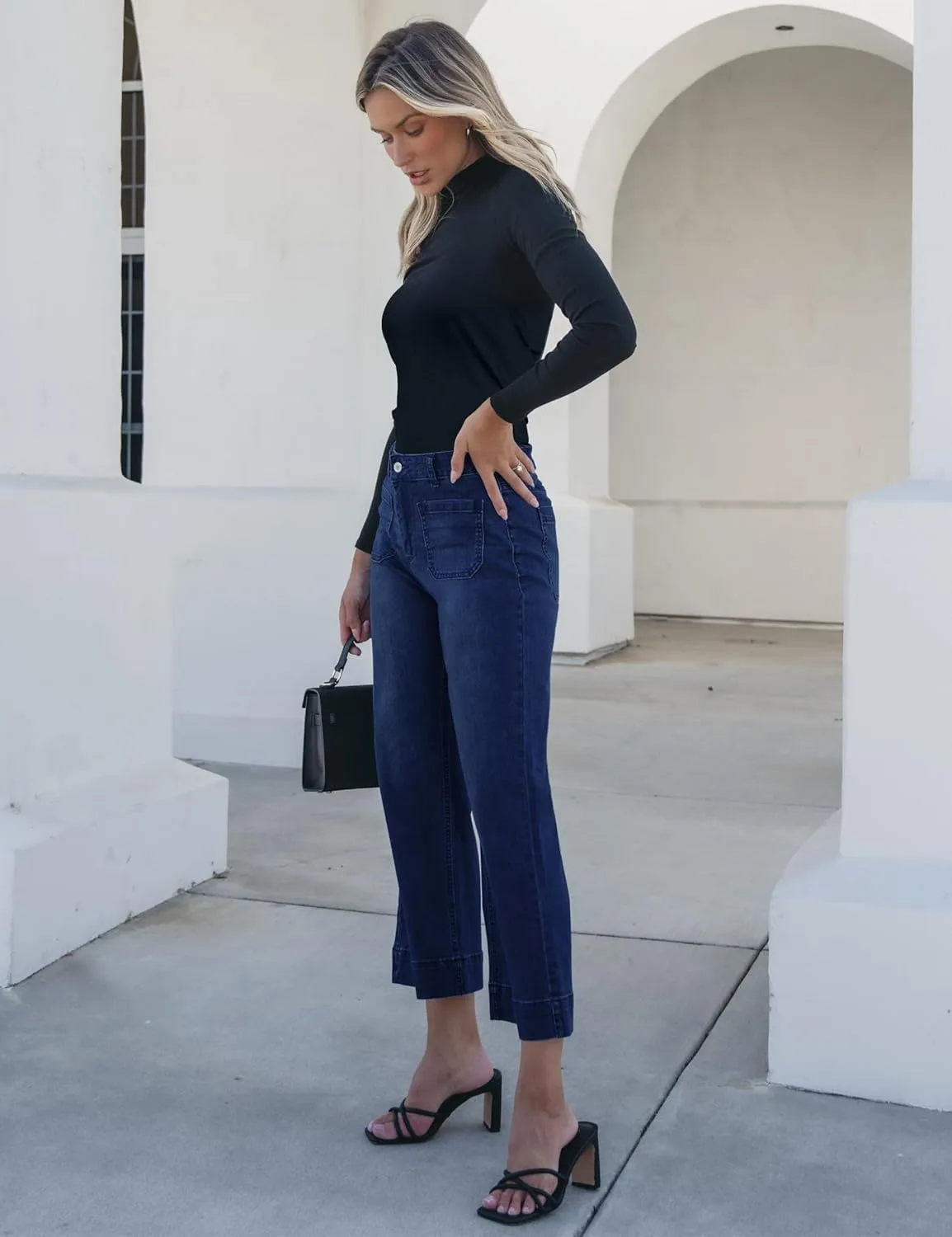 luvamia Wide Leg Jeans for Women Trendy High Waisted Flare Jeans Cropped Denim Pants Stretchy Baggy with Patch Pockets