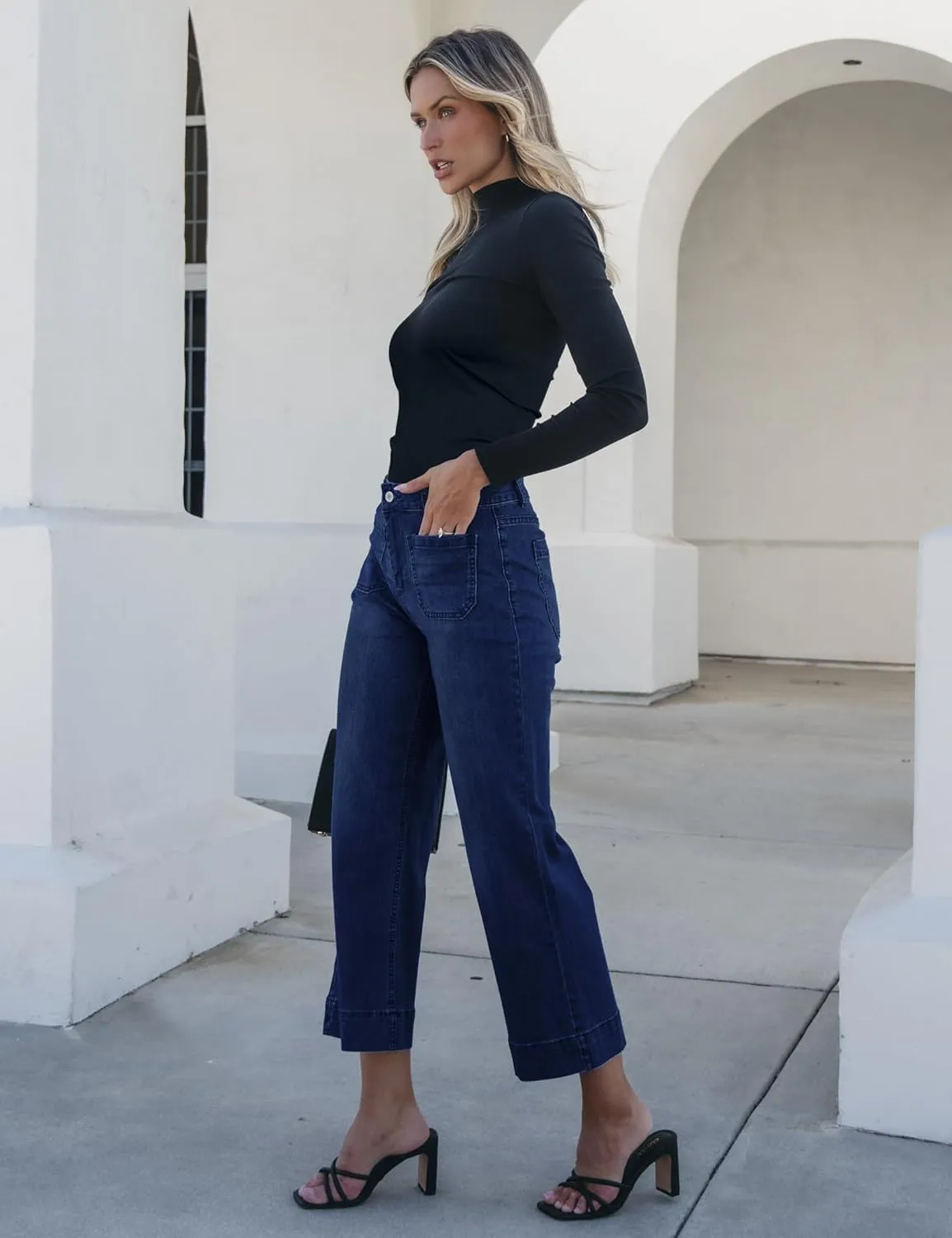 luvamia Wide Leg Jeans for Women Trendy High Waisted Flare Jeans Cropped Denim Pants Stretchy Baggy with Patch Pockets